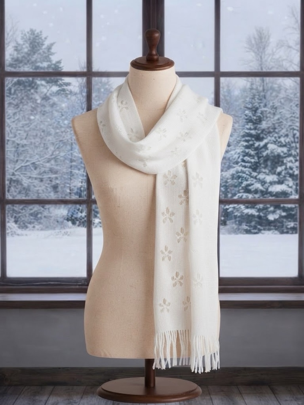 Long White Knit Scarf Openwork Floral Eyelet Pattern Fringe
